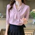 Women Summer Bow Tie Collar Blouse - Short Sleeve Office Pink Shirt