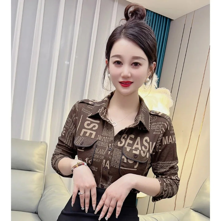 Womens Fashion Button-Up Shirt - Letter Print Lapel Slim Blouse