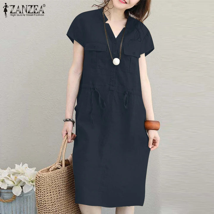 ZANZEA Summer V-Neck Dress - Short Sleeve Drawstring Waist Knee-Length Sundress