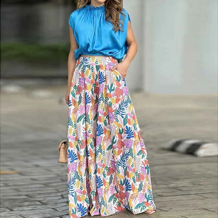 Spring & Autumn 2-Piece Set - Printed Shirt with Elegant Wide-Leg Pants