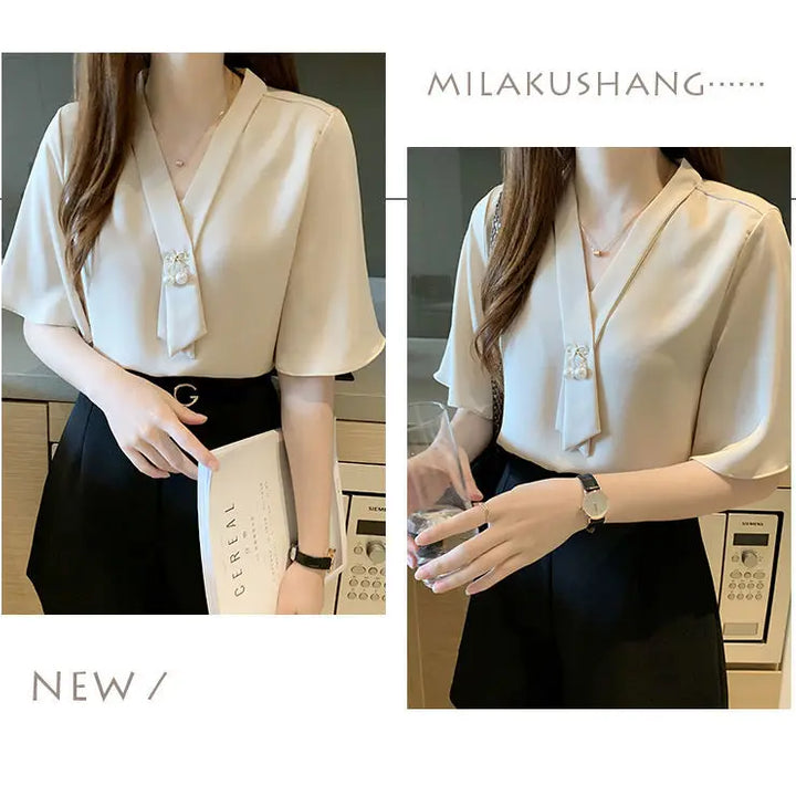 Short Sleeve V-neck Chiffon Blouse - Breathable Slim Elegant Summer Office Top