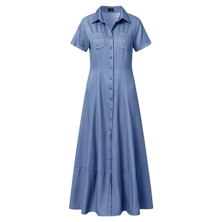 Fashionable Casual Denim Long Dress with Turn-Down Collar and Button Design