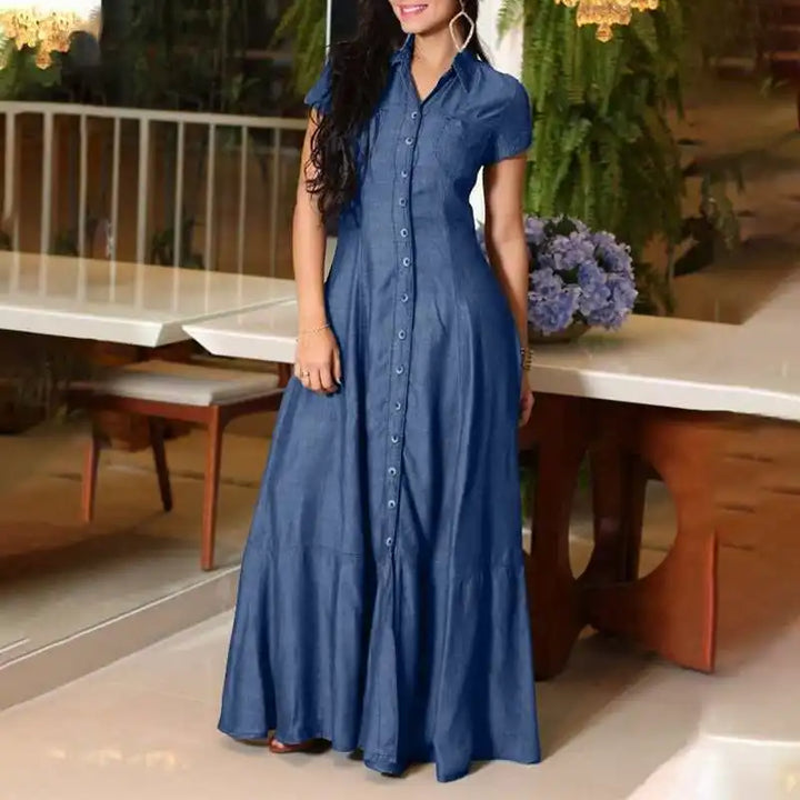 Fashionable Casual Denim Long Dress with Turn-Down Collar and Button Design