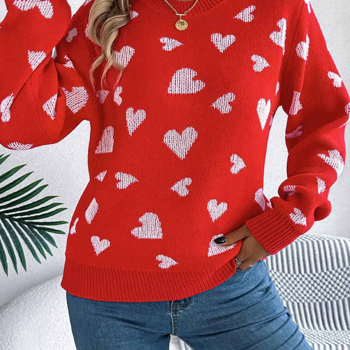 Autumn Winter Love Pattern Knitted Pullover - Round Neck Long Sleeve Sweater