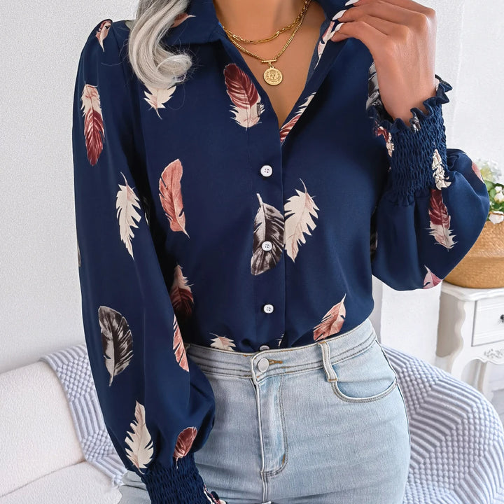 Casual Lantern Sleeve Button Front Turn Down Collar Feather Print Shirt