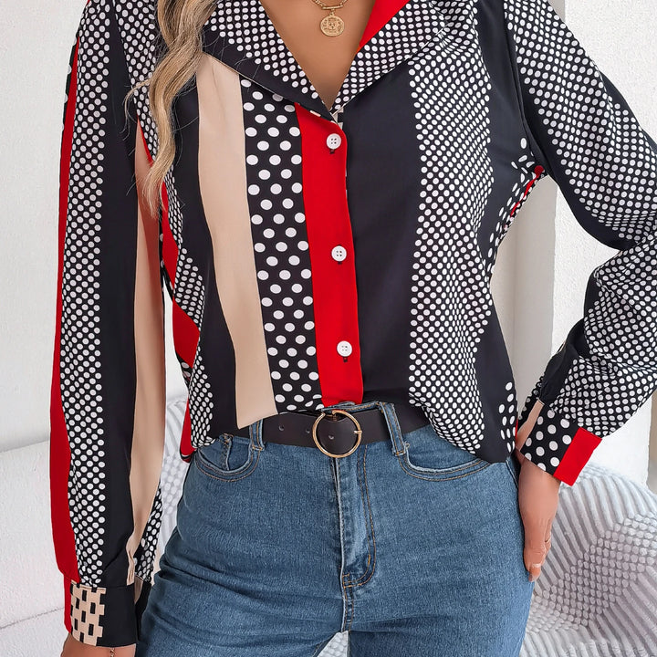 Casual Button Front Long Sleeve Stripe & Polka Dot Print Shirt, Women's Clothing