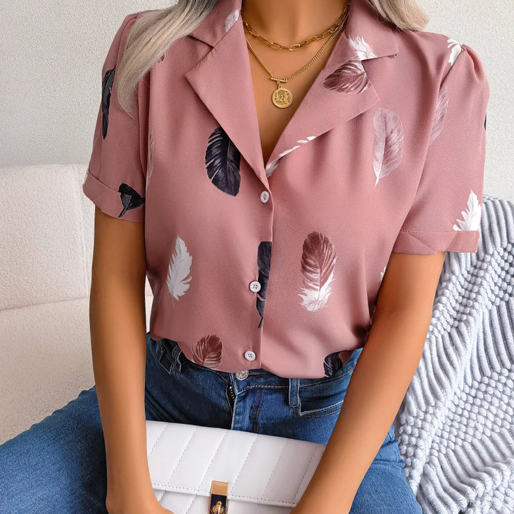 Spring Summer Casual Notched Collar Button Front Feather Printed Short Sleeved Shirt Women Blouse