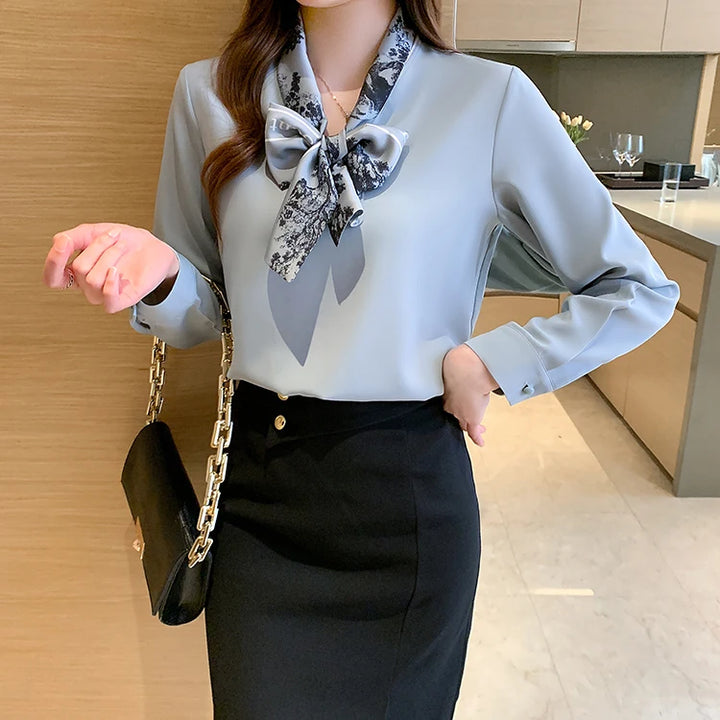 Elegant Autumn Bow Chiffon Blouse - Loose Fit Office Lady Shirt