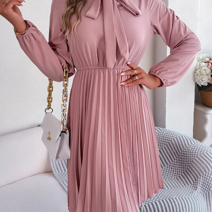 Casual Tie Front Mock Neck Long Sleeve Pleated Dress For Spring & Fall