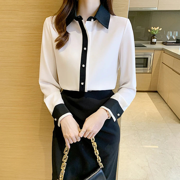 Contrast Color Single Row Pearl Buckle Office Blouse Female Shirt Long Sleeve Casual Tops Autumn Women Loose Blouses