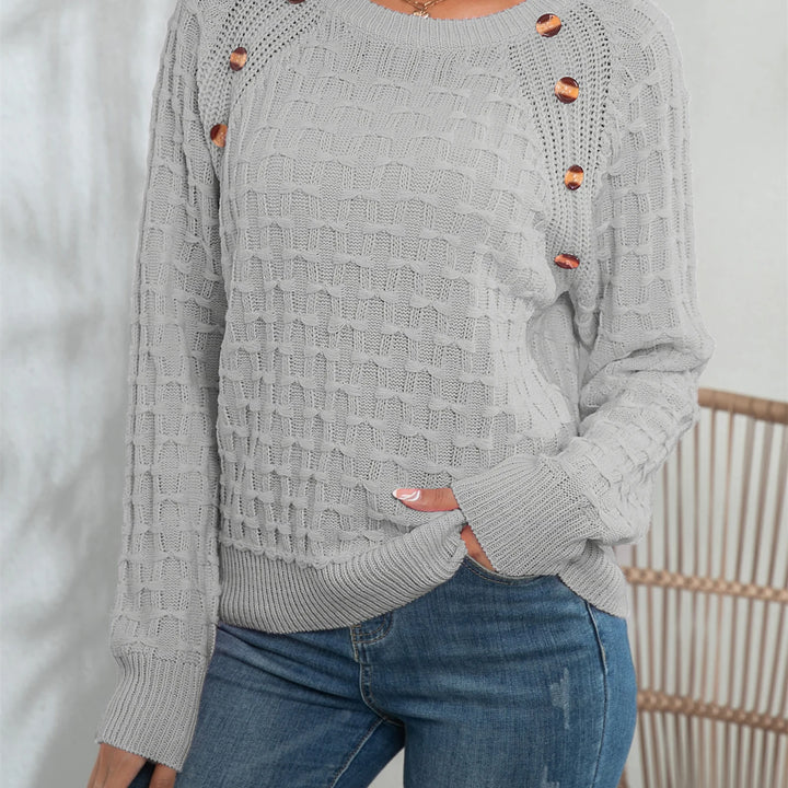 Casual Round Neck Twisted Button Sweater - Long Sleeve Knitted Pullover