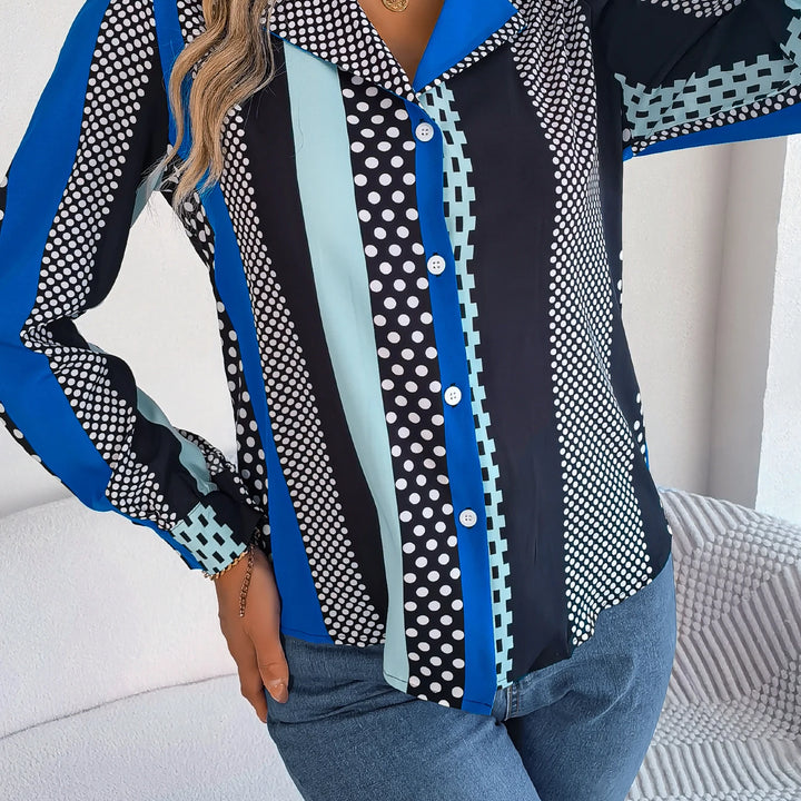 Casual Button Front Long Sleeve Stripe & Polka Dot Print Shirt, Women's Clothing