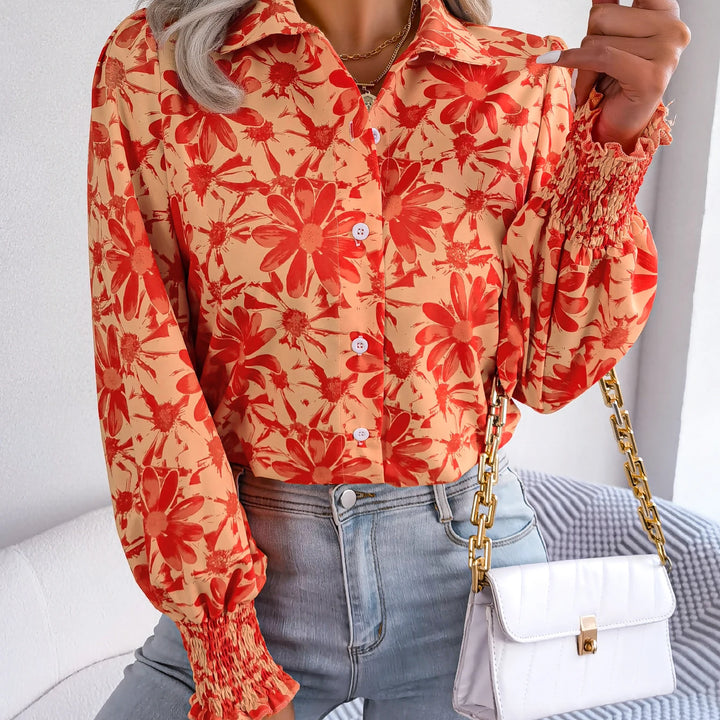 Casual Lapel Button Long Sleeve  Flower Print Shirts