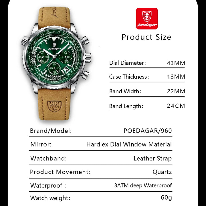 POEDAGAR Men's Luxury Quartz Watch – Waterproof, Luminous, Leather Strap, Chronograph