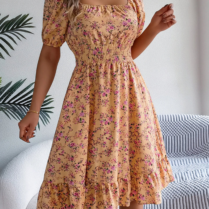 Casual Square Neck Shirred Waist Floral Print Short Sleeve Ruffle Hem Dress For Summer