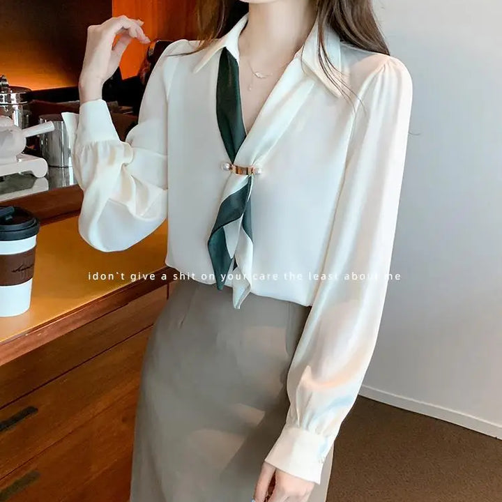 Women’s Bow Tie Blouse - Elegant Korean Fashion V-Neck Long Sleeve Office Top