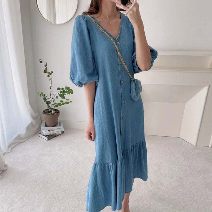 ZANZEA Oversized Denim Maxi Dress - Puff Sleeve Retro Baggy Summer Sundress