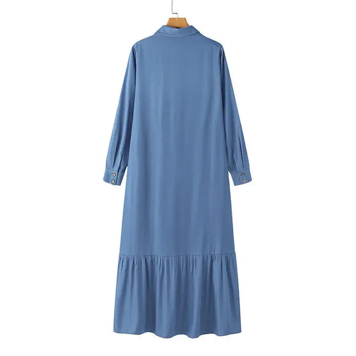 Women's Long-Sleeved Loose Denim Dress with Lapel and Button-Up