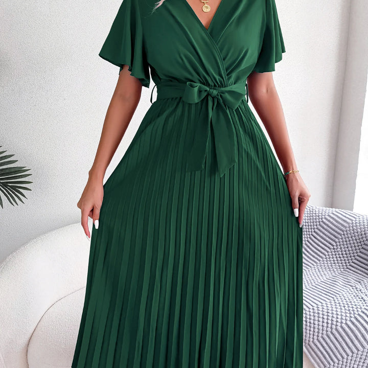 Elegant High Waist Ruffled Sleeve Pleated Maxi Dress