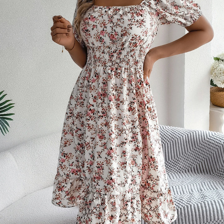 Casual Square Neck Shirred Waist Floral Print Short Sleeve Ruffle Hem Dress For Summer