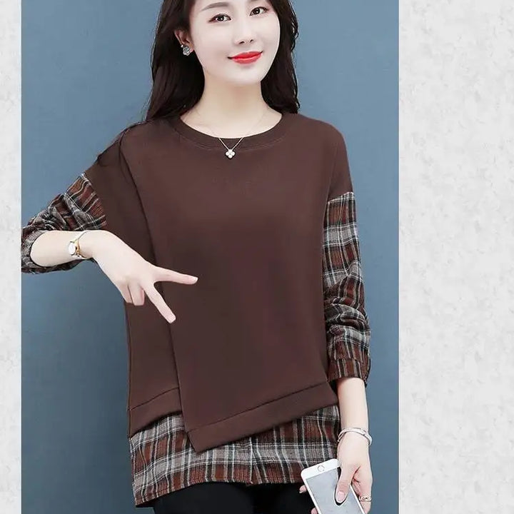 Autumn Plaid Sweatshirt - Casual Round Neck Long Sleeve Patchwork Top