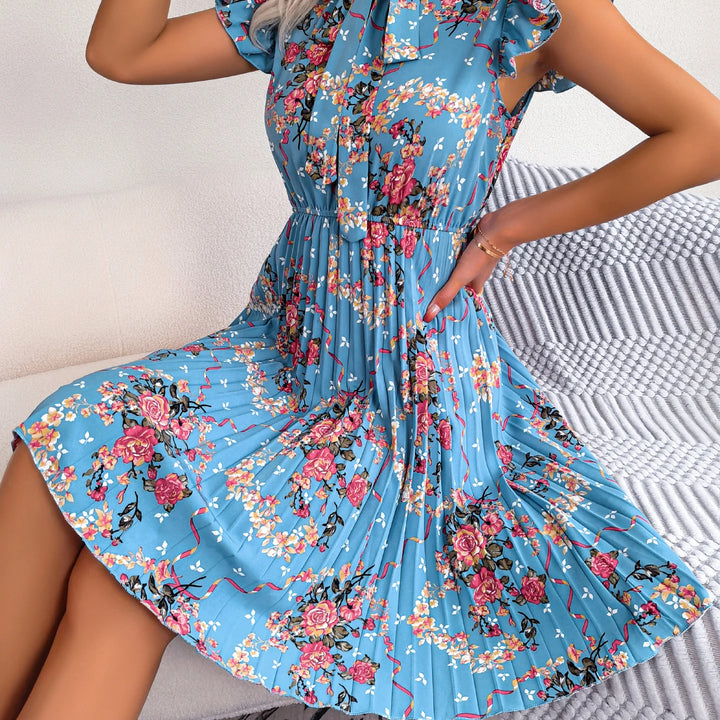 Casual Floral Print Ruffle Trim Slim Waist Pleated Dress