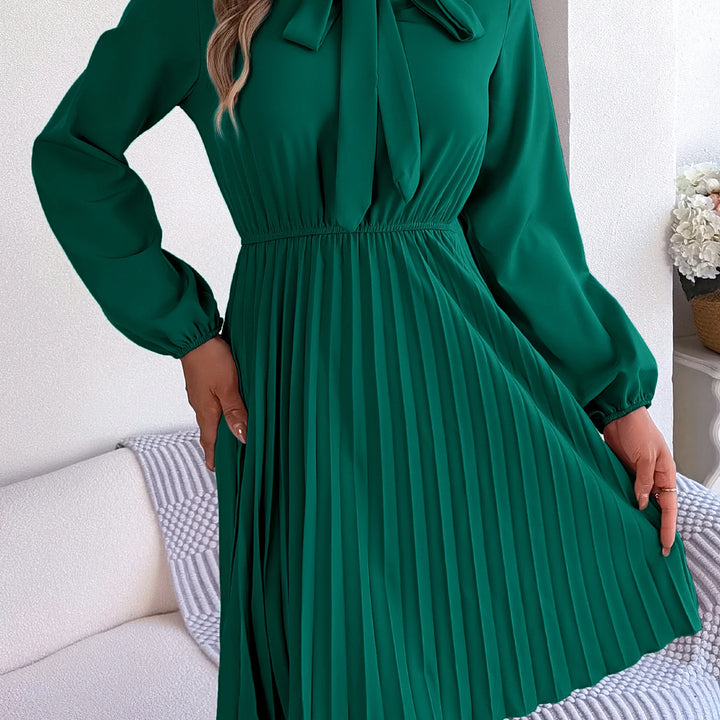 Casual Tie Front Mock Neck Long Sleeve Pleated Dress For Spring & Fall