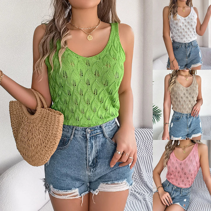 Fashion Summer Knitted Vest - V-Neck Hollow-Out Leaf Sleeveless Top