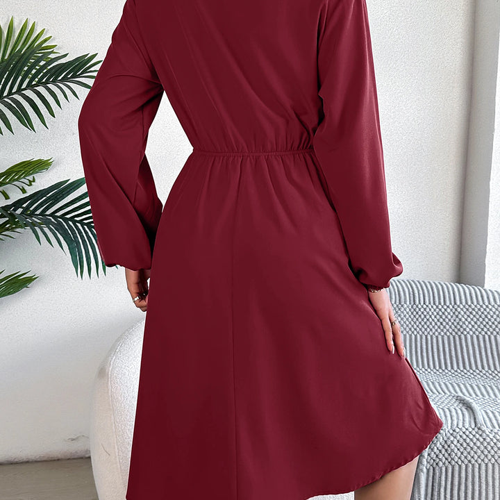 Elegant Button Front Lantern Sleeve Dress - Cinched Waist