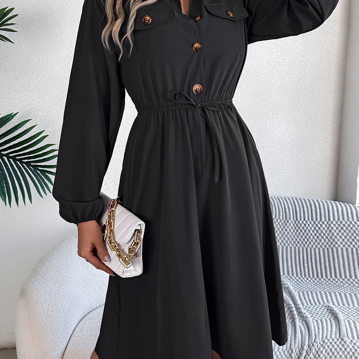 Elegant Button Front Lantern Sleeve Dress - Cinched Waist