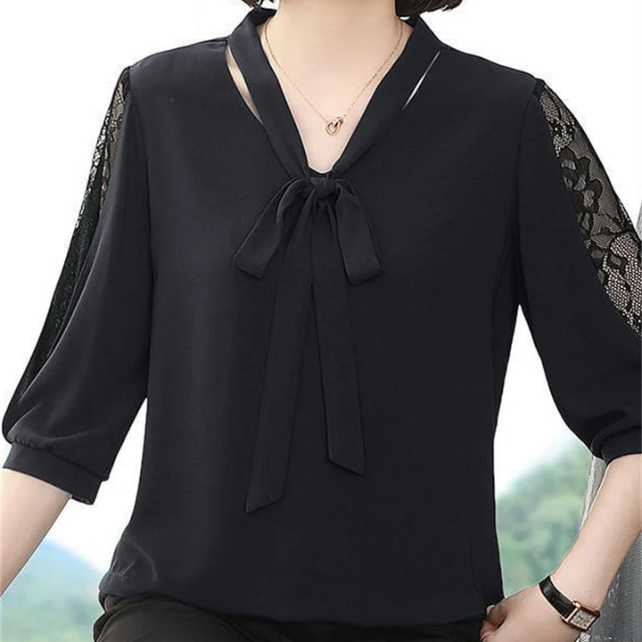 Women’s Spring Summer Blouse - Casual Bow Tie Collar Lace Sleeve Top