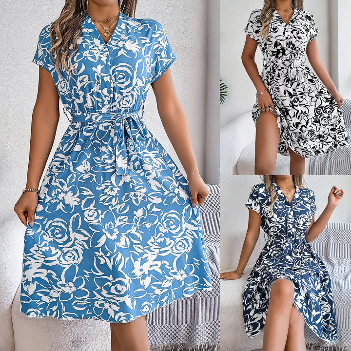 Vacation Style Short Sleeve V Neck Rose Print Button Front Belted Dress