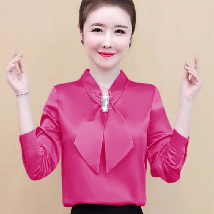 Spring & Summer Satin Shirt - Korean Fashion Bow V-Neck Long Sleeve Top