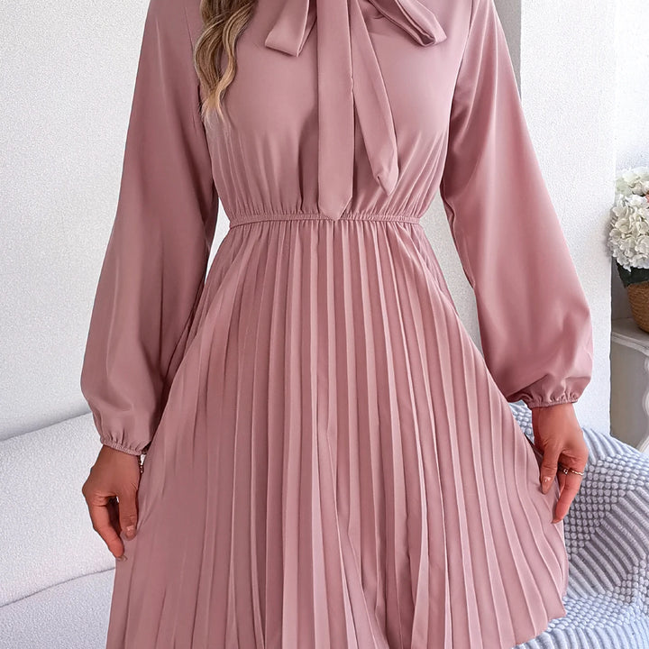 Casual Tie Front Mock Neck Long Sleeve Pleated Dress For Spring & Fall