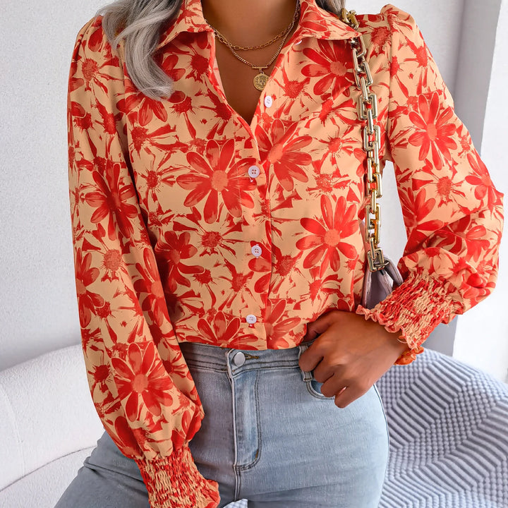 Casual Lapel Button Long Sleeve  Flower Print Shirts