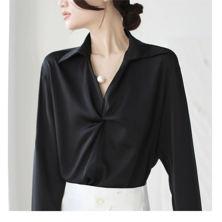 Autumn Casual Turn-Down Collar Blouse - Off-White Chiffon Long Sleeve Shirt