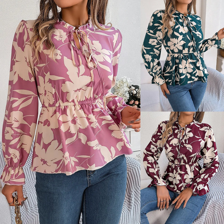 Vacation Style Tie Neck Long Sleeve Waist-tied Floral Print Blouse