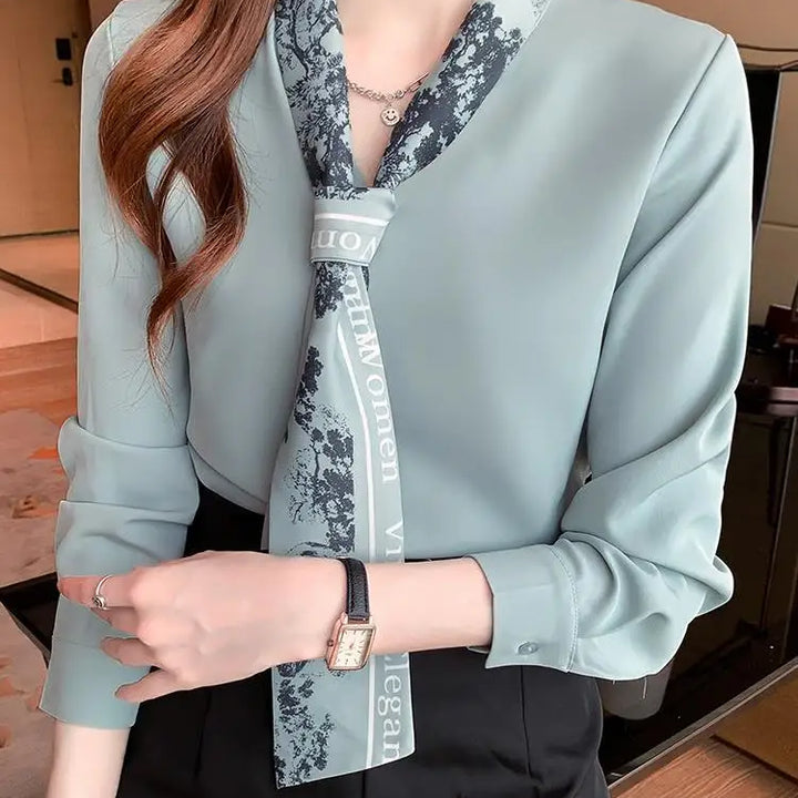 Spring Autumn Scarf Collar Shirt - Elegant Long Sleeve Office Blouse