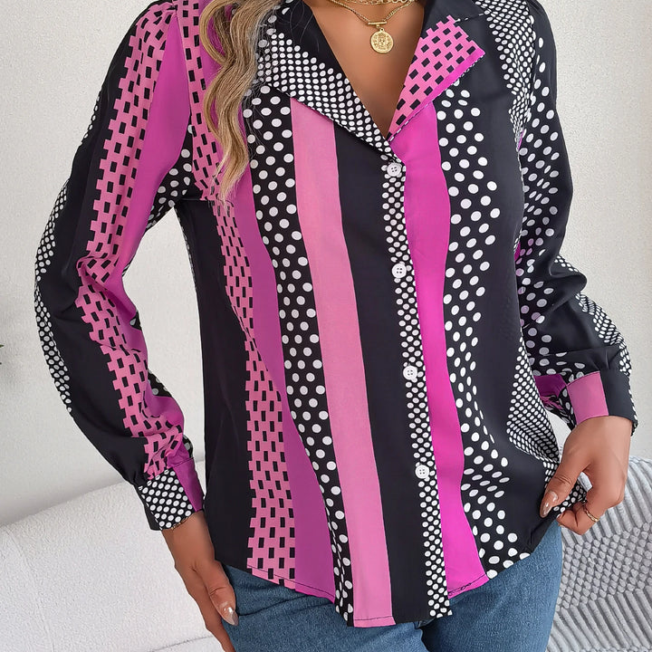 Casual Button Front Long Sleeve Stripe & Polka Dot Print Shirt, Women's Clothing