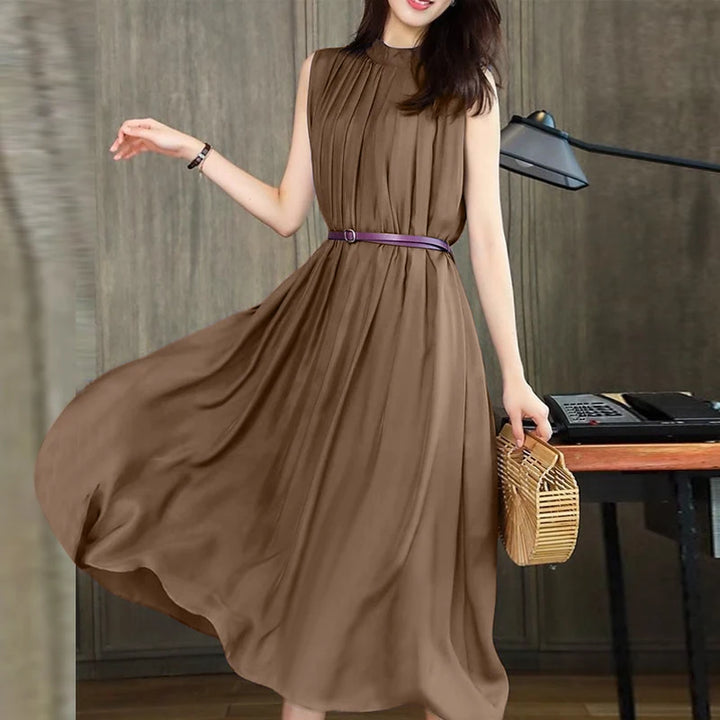 ZANZEA Vintage Stand Collar Swing Dress - Pleated Loose Fit Summer Sundress