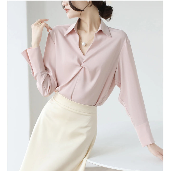 Autumn Casual Turn-Down Collar Blouse - Off-White Chiffon Long Sleeve Shirt