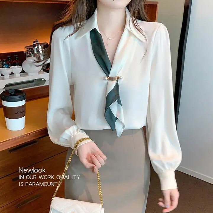 Women’s Bow Tie Blouse - Elegant Korean Fashion V-Neck Long Sleeve Office Top