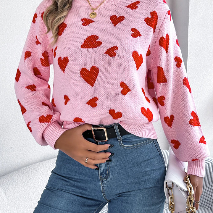 Autumn Winter Love Pattern Knitted Pullover - Round Neck Long Sleeve Sweater