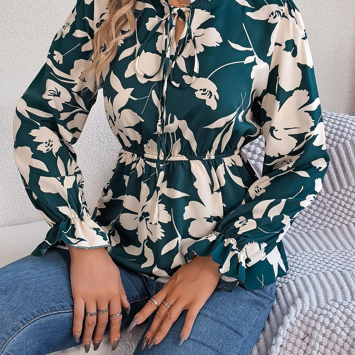 Vacation Style Tie Neck Long Sleeve Waist-tied Floral Print Blouse