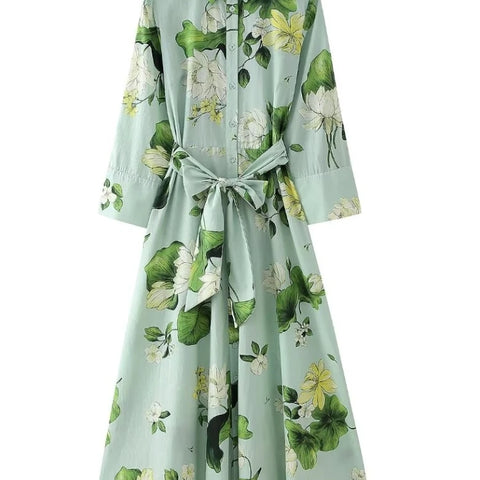 Zevity Vintage Green Floral Midi Dress - Bow Tied Sashes Slim Fit