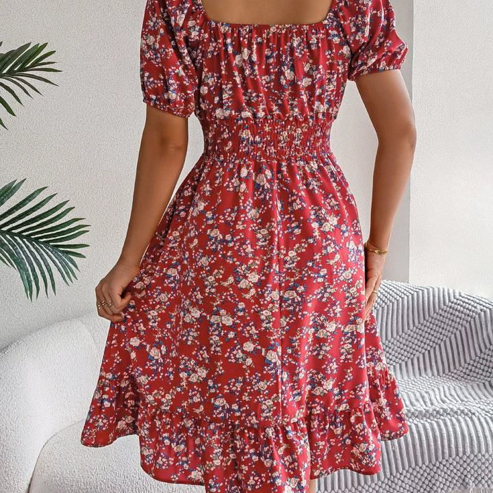 Casual Square Neck Shirred Waist Floral Print Short Sleeve Ruffle Hem Dress For Summer