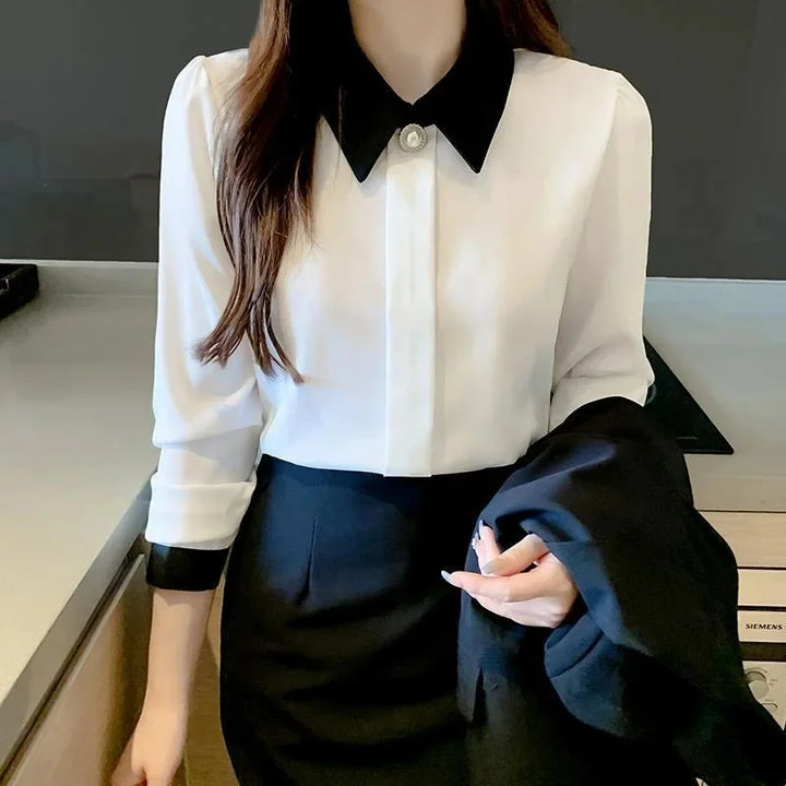 Women's Spring Autumn Blouse - Casual Long Sleeve Turn-Down Collar Shirt