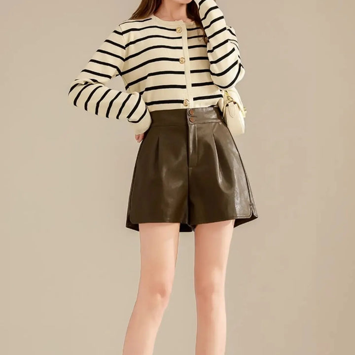 Women's High-Waisted Slimming A-Line Leather Shorts in Coffee Color