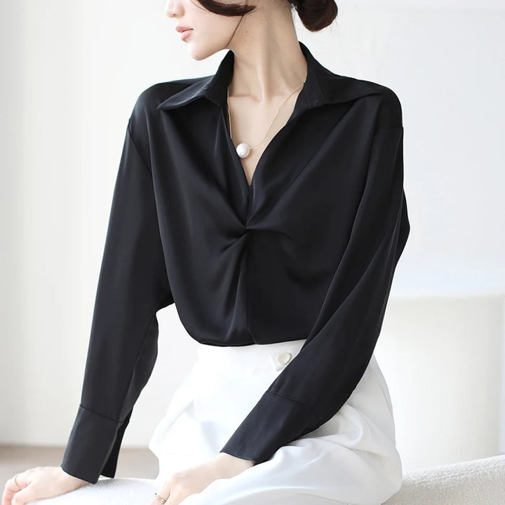 Autumn Casual Turn-Down Collar Blouse - Off-White Chiffon Long Sleeve Shirt