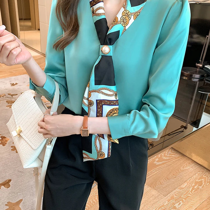 Spring Chiffon Blouse - Bow Long Sleeve Office Lady Casual Top